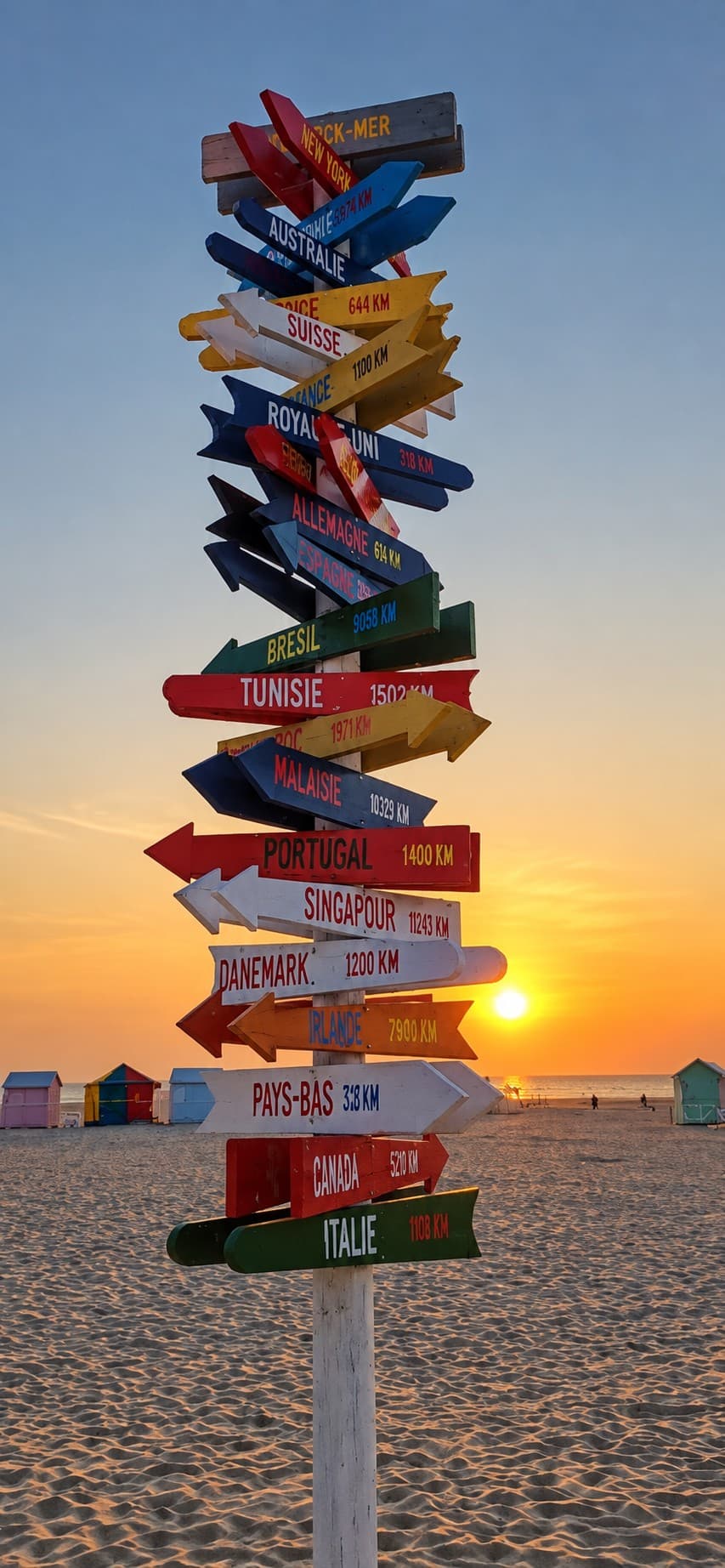 Poteau indicateur sur la plage au coucher du soleil, couvert de flèches colorées indiquant des pays et leurs distances, cabines de plage en arrière-plan