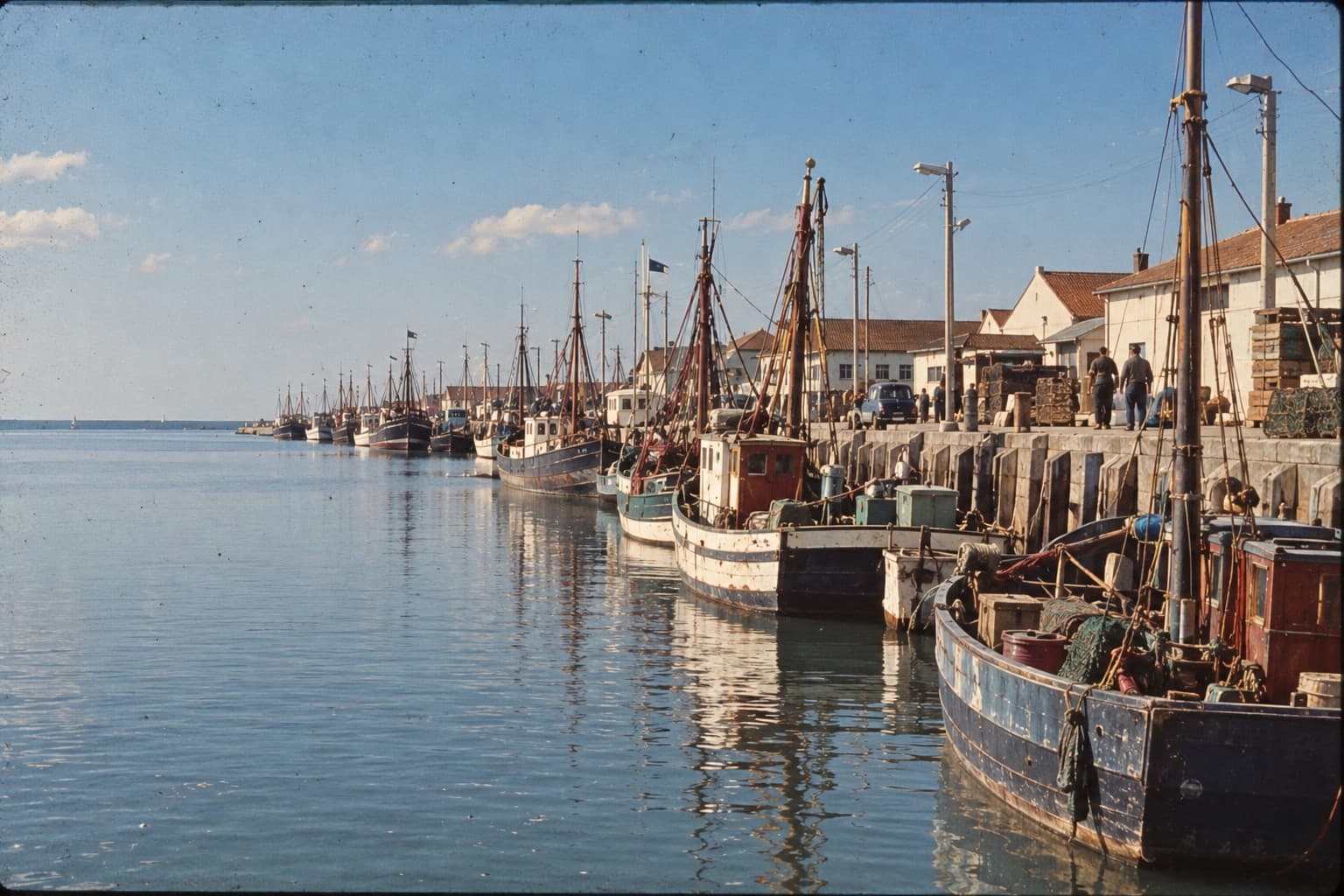 Ancienne vue du port de pêche d’Étaples-sur-Mer, avec une flottille amarrée le long du quai