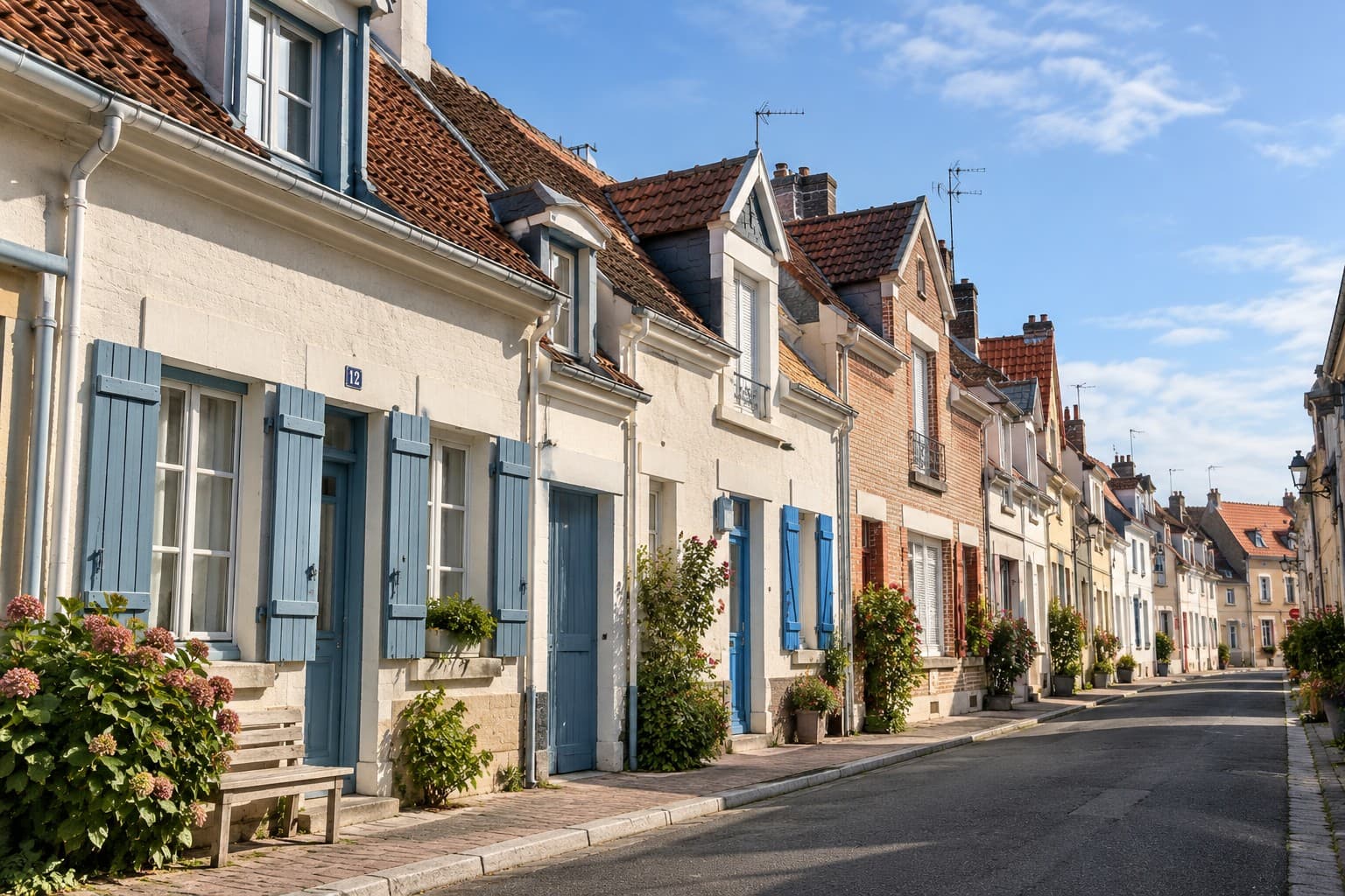 Rue de maisons à Étaples-sur-Mer, façades claires, volets et toitures alignées