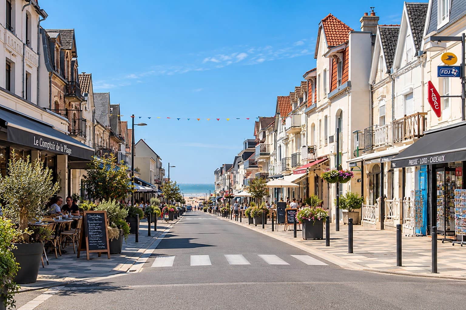 Avenue commerçante de Merlimont-Plage, bordée de terrasses et de logements, ouverte vers la mer