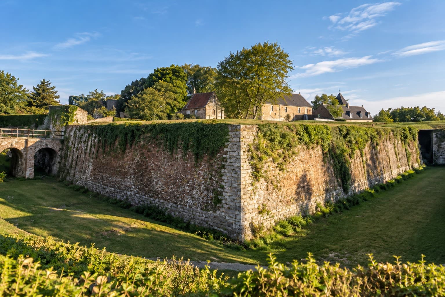 Murailles de brique et de pierre, fossés enherbés et porte de la citadelle de Montreuil-sur-Mer