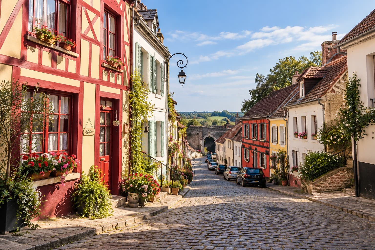 Rue pavée en pente entre des maisons anciennes de Montreuil-sur-Mer, avec une porte en perspective