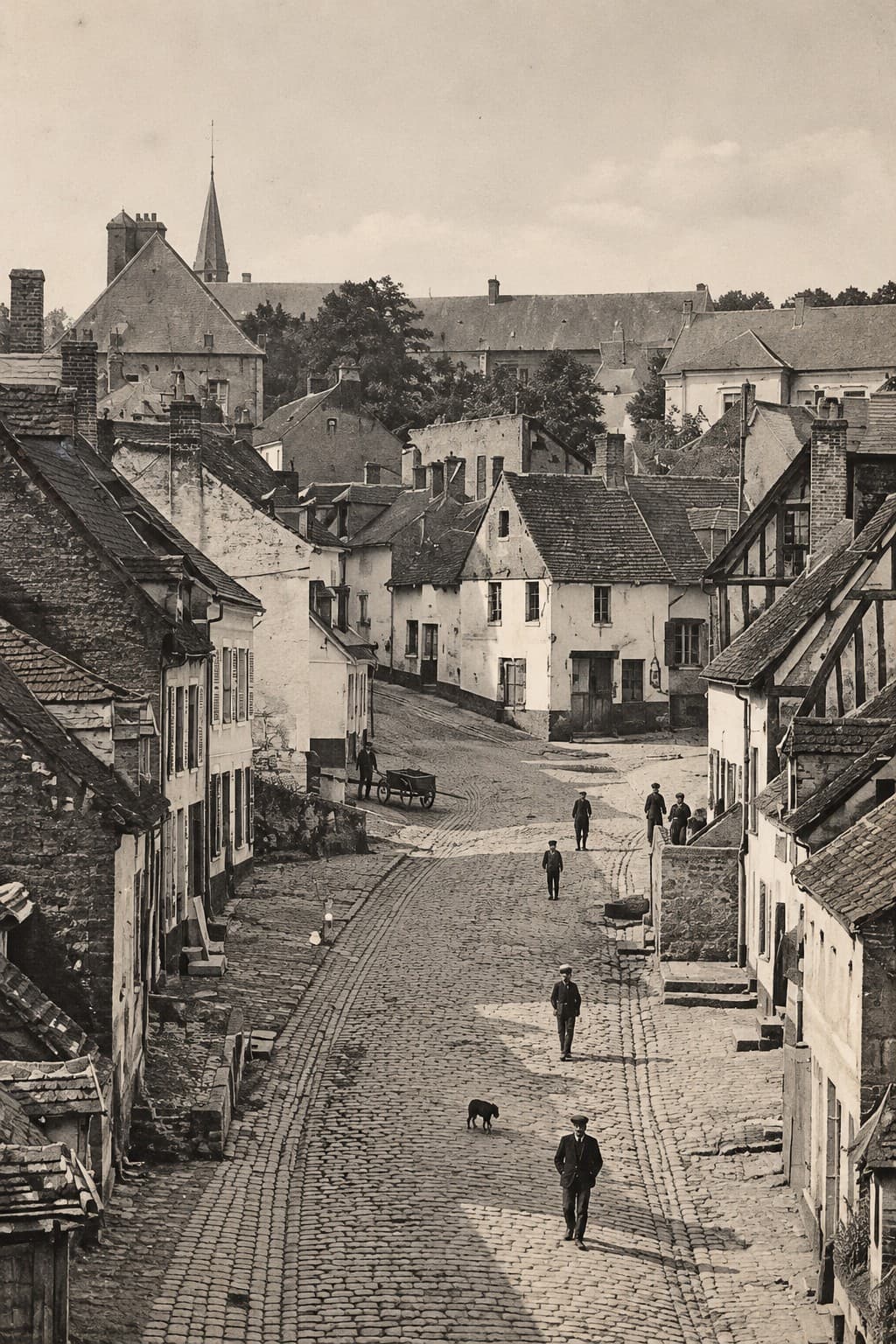 Photographie ancienne en noir et blanc d’une rue de Montreuil-sur-Mer et de ses maisons
