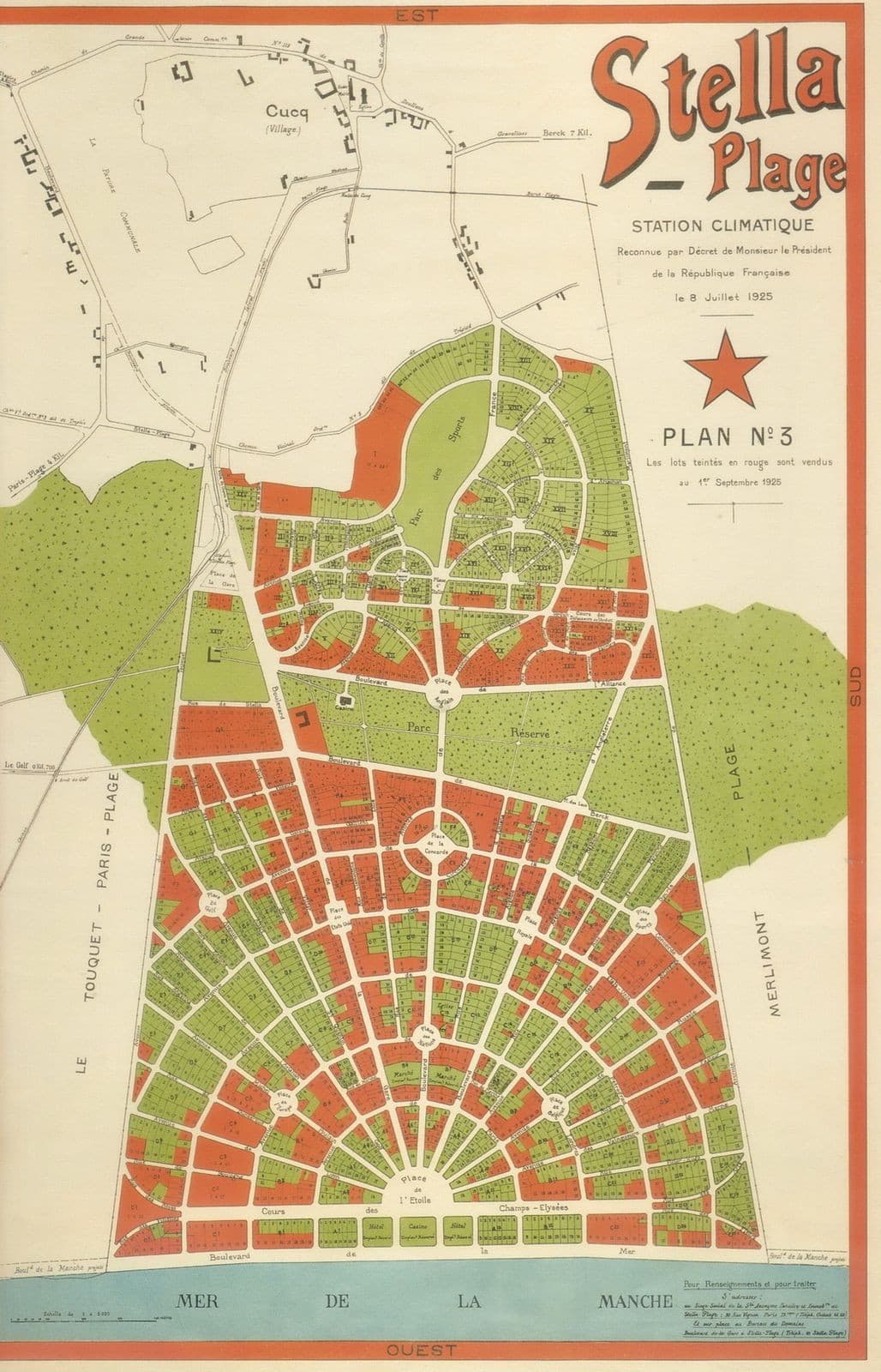 Plan historique en couleur de Stella-Plage, avec voies rayonnantes et secteurs du lotissement