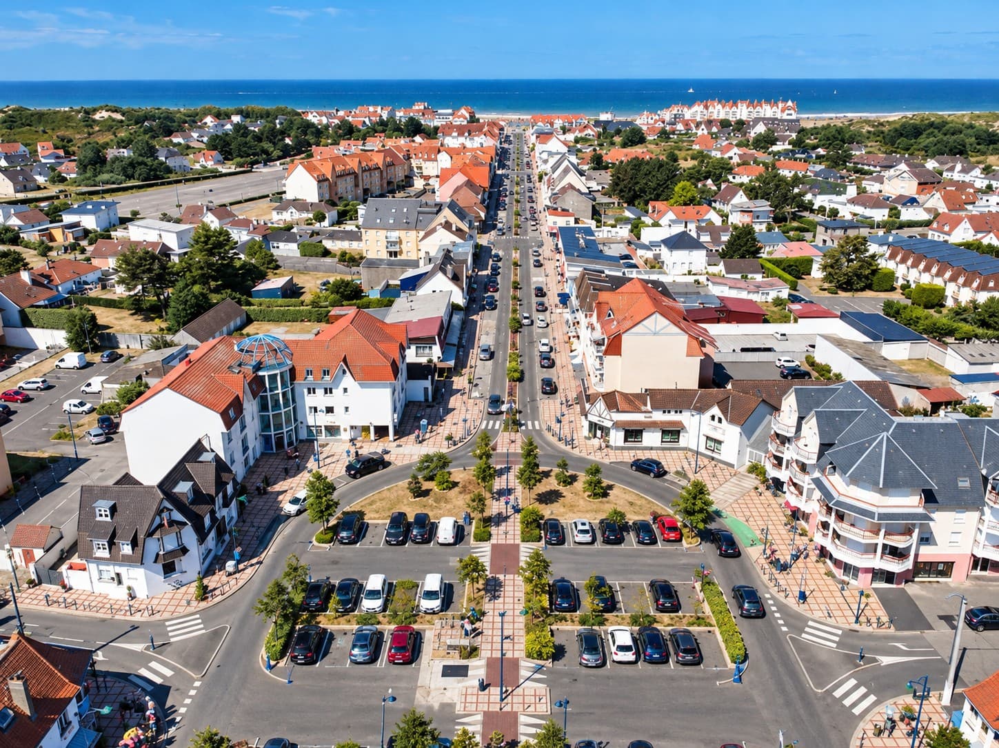 Vue aérienne du centre de Stella-Plage et de son avenue menant vers la mer