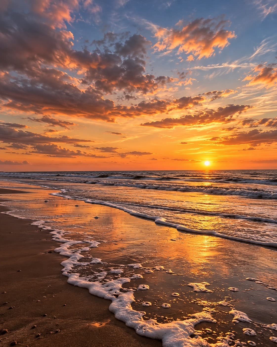 Vagues et reflets du soleil couchant sur la plage de Stella-Plage