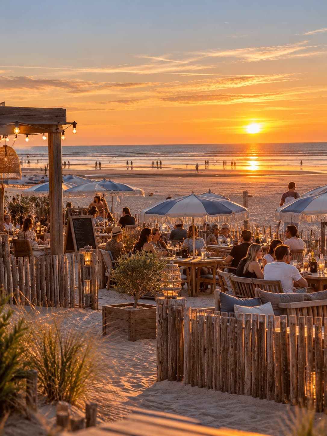 Terrasse de restaurant sur la plage à Stella-Plage au coucher du soleil