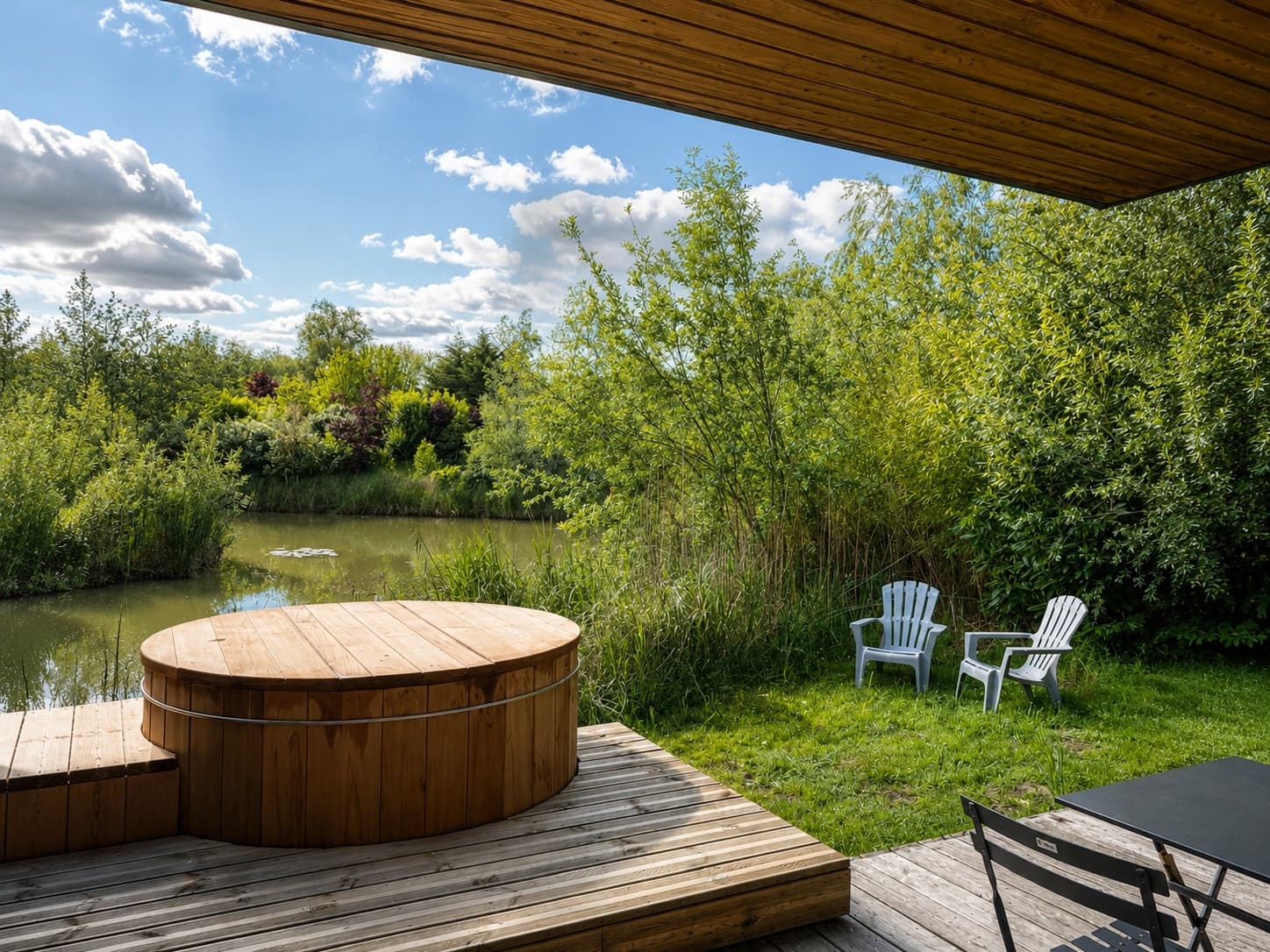Terrasse en bois avec bain extérieur ouvert sur un jardin